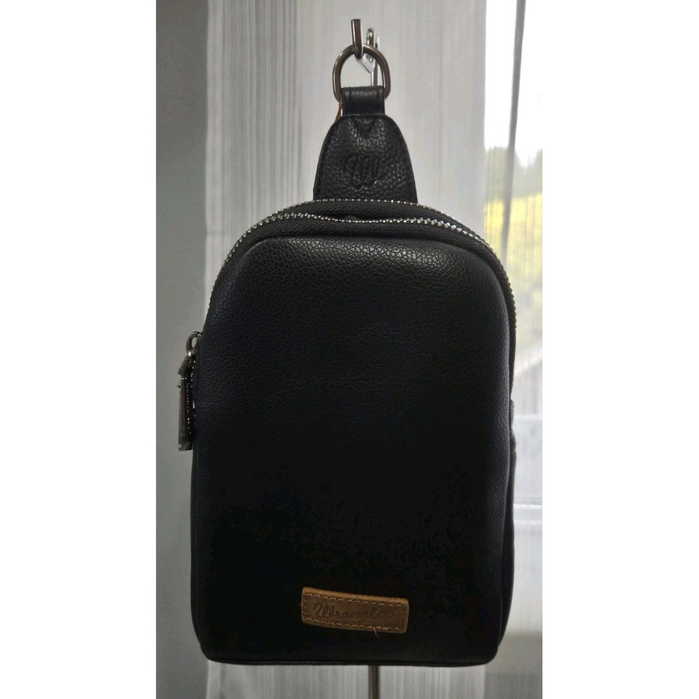 Montana West Wrangler Sling Bag Black Vegan Pebble Leather 2 Zipper Compartment